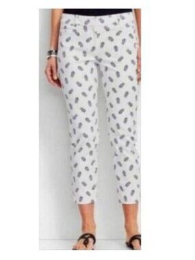 Talbots White Blue Perfect Crop Curvy Pants Pineapple Print - 14P